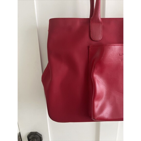 VGUC Lancel Authentic Red Nylon & Leather Bag Zip Top Shoulder Handbag Tote - Picture 4 of 15